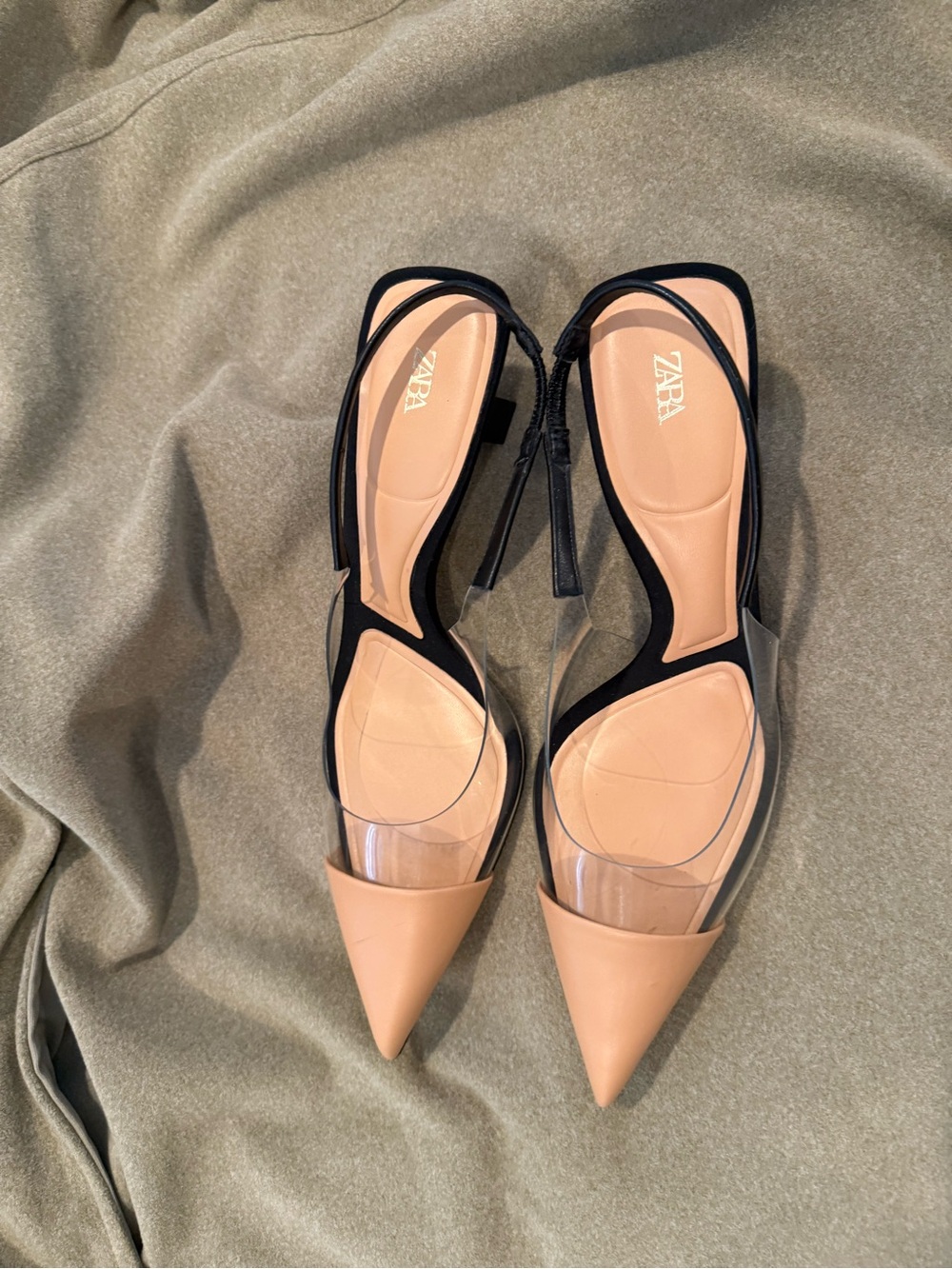 ZARA Black and Nude Pointed Clear Slingback Heels